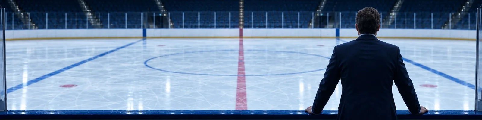 A coach seen from behind at the boards, looking across the ice with both blue lines in view.