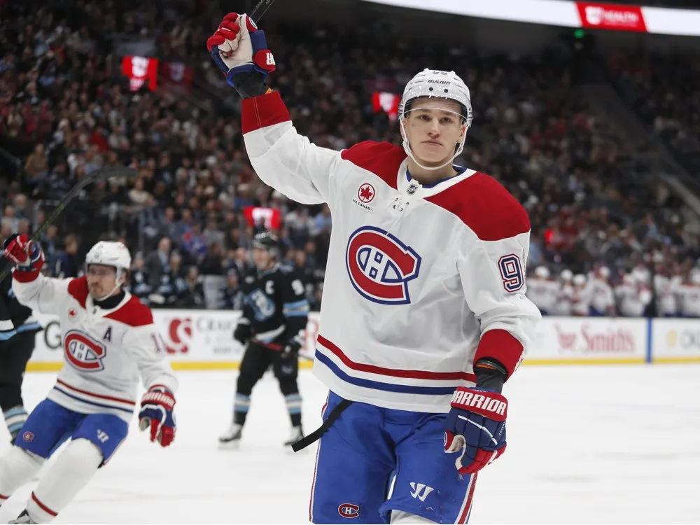 Canadiens rookie Ivan Demidov celebrates after scoring during the third period against the Utah Mammoth in Salt Lake City on Wednesday night.