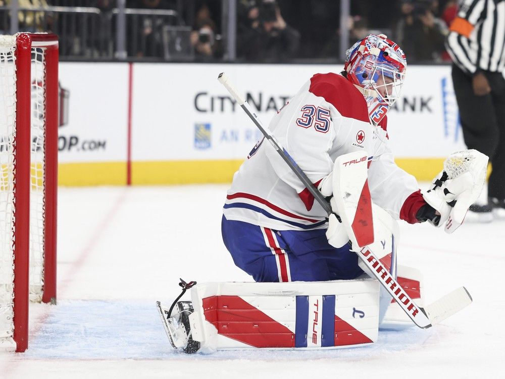 Canadiens' Sam Montembeault makes a save against the Vegas Golden Knights on Friday, Nov. 28, 2025, in Las Vegas.