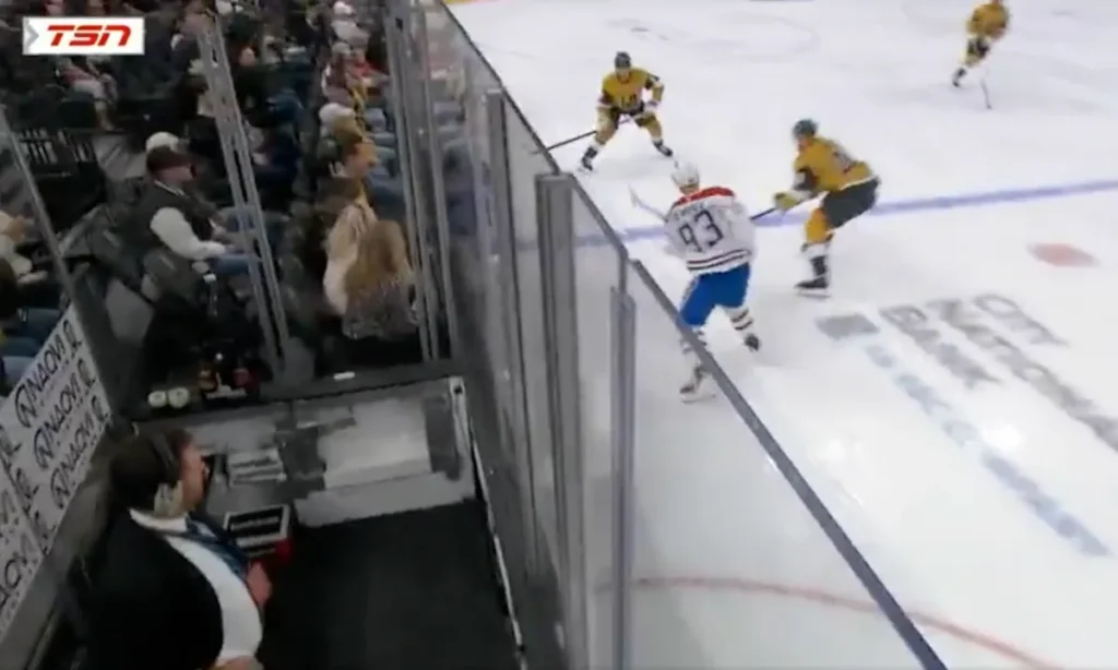 Worrying scene last night in Vegas as Zach Whitecloud took a puck to the face from Ivan Demidov