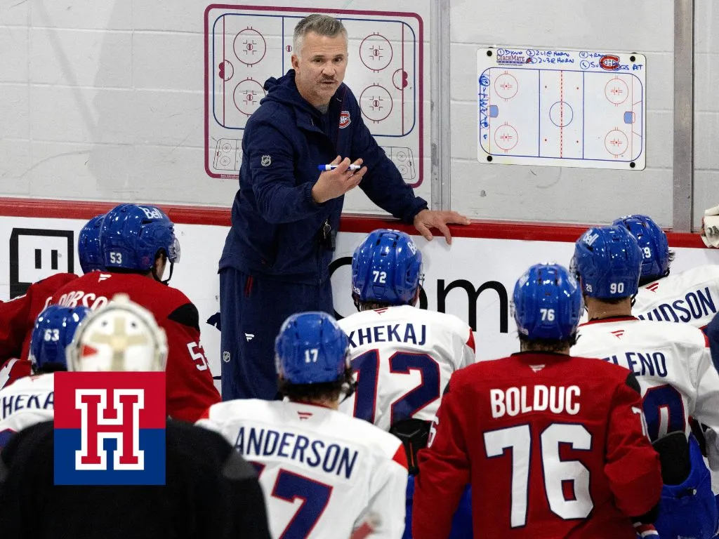 Canadiens head coach Martin St. Louis speaks with the team during a practice on Monday.