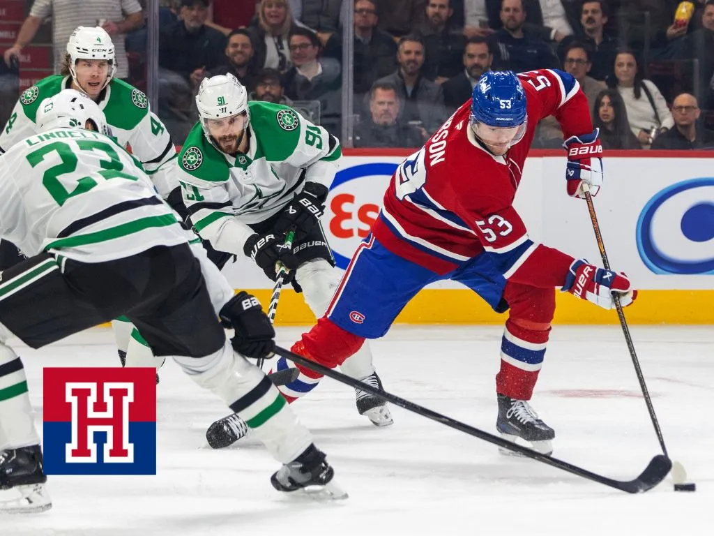 Canadiens defenceman Noah Dobson handles the puck during first period against the Dallas Stars in Montreal on Nov. 13.