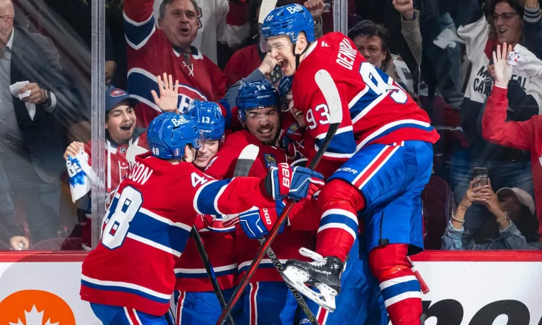 Hockey players celebrating a goal.
