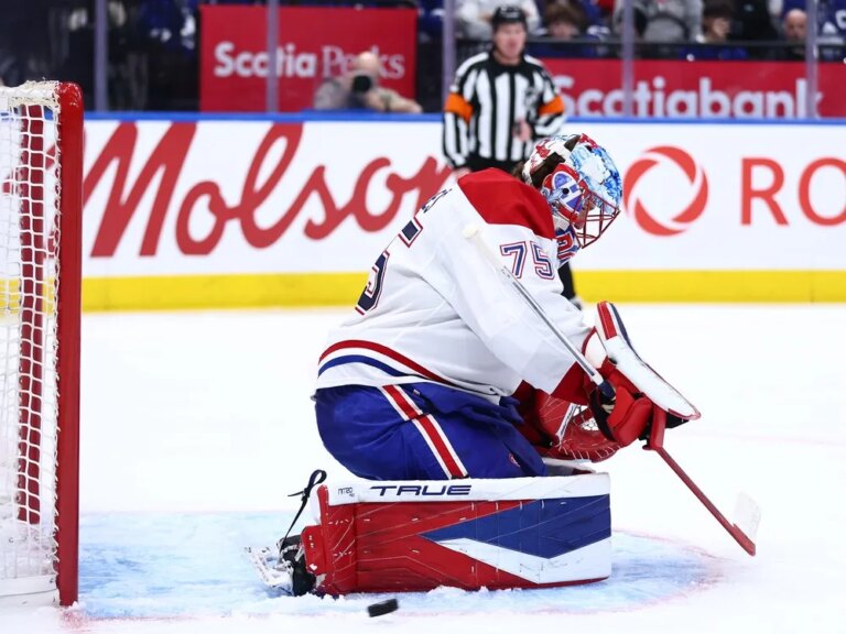Canadiens  goalie Jakub Dobes makes a save during the second period against the Maple Leafs at Scotiabank Arena on Saturday, Dec. 6, 2025, in Toronto.