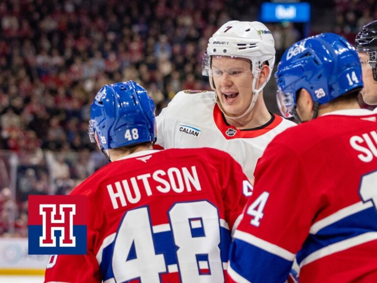 Ottawa Senators' Brady Tkachuk has words with Canadiens defenceman Lane Hutson during third period in Montreal on Tuesday.