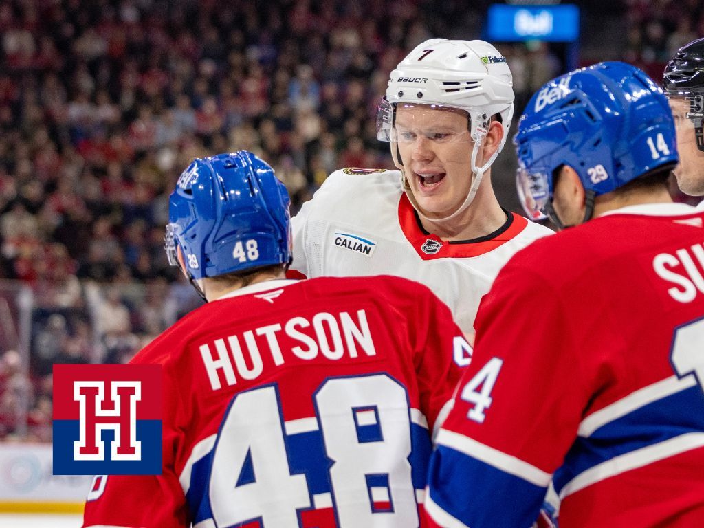 Ottawa Senators' Brady Tkachuk has words with Canadiens defenceman Lane Hutson during third period in Montreal on Tuesday.