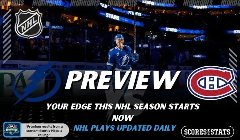 NHL preview graphic featuring Tampa Bay Lightning and Montreal Canadiens logos with a Lightning player on the ice and the word preview across the center