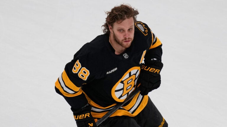 Boston Bruins right wing David Pastrnak (88) skates before an NHL hockey game, Tuesday, Dec. 16, 2025, in Boston.