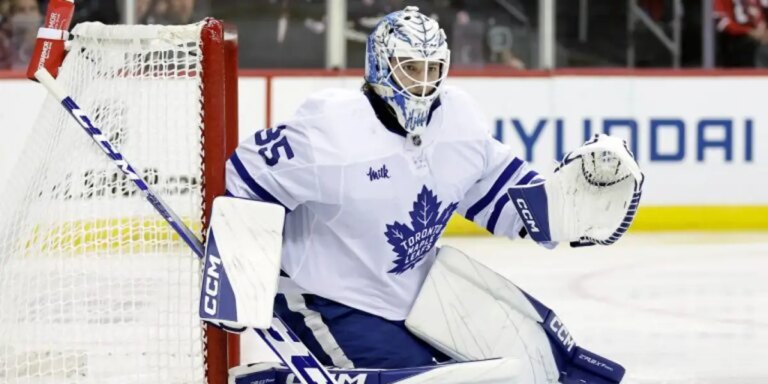 Dennis Hildeby of the Toronto Maple Leafs gets in position in the net.