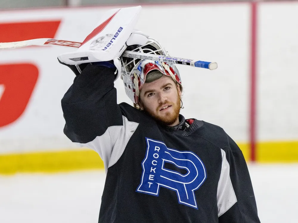 Goalie Jacob Fowler pulls his mask down during Laval Rocket practice at Place Bell on Tuesday May 27, 2025. Fowler reportedly indicated on Saturday