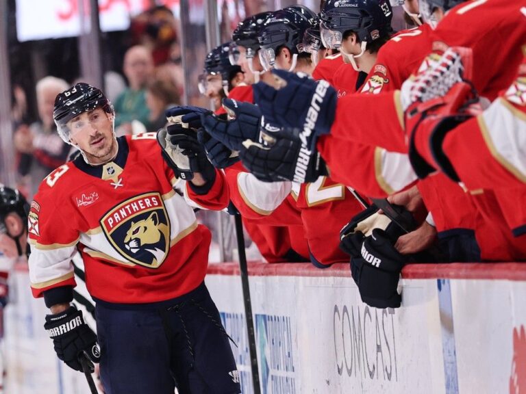 SUNRISE, FLORIDA - DECEMBER 30: Brad Marchand #63 of the Florida Panthers gestures after scoring against the Montréal Canadiens during the third period at Amerant Bank Arena on December 30, 2025 in Sunrise, Florida.