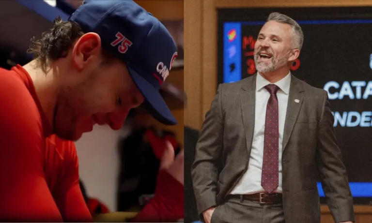 Martin St-Louis shares a special locker room moment with Jakub Dobes after 7-3 win vs. Avalanche