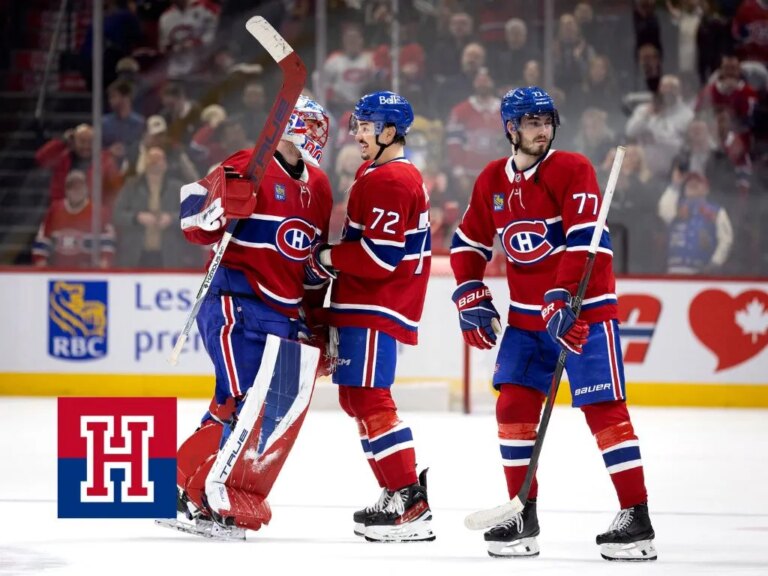 Canadiens goaltender Jakub Dobes and defenceman Arber Xhekaj celebrate after beating the Vegas Golden Knights 3-2 in overtime in Montreal on Tuesday night.