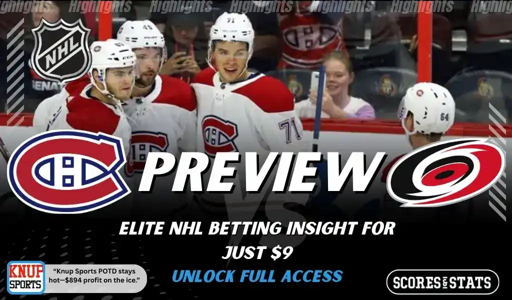 NHL preview graphic featuring Montreal Canadiens vs. Carolina Hurricanes logos with a closeup of a Lightning player and the word preview across the center