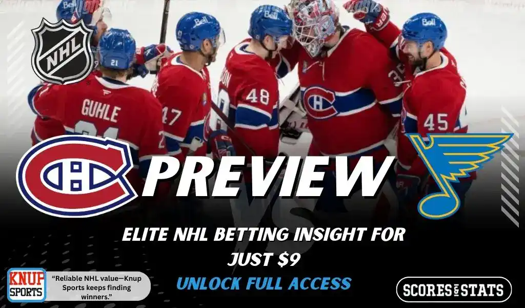 Montreal Canadiens vs St Louis Blues NHL preview graphic with Canadiens players celebrating and both team logos