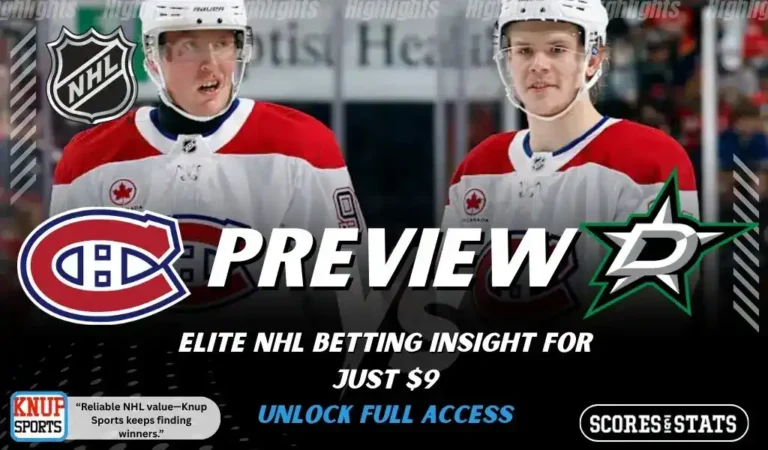 NHL game preview graphic for Montreal Canadiens vs Dallas Stars with team logos two players photo and the word Preview for January 4 2026