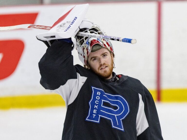 Laval Rocket Jacob Fowler takes a breather during practice at Place Bell on May 27, 2025.