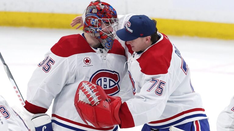Feb 4, 2026; Winnipeg, Manitoba, CAN;Montreal Canadiens goaltender Samuel Montembeault (35) and goaltender Jakub Dobes (75) celebrate a victory against the Winnipeg Jets at Canada Life Centre. Mandatory Credit: James Carey Lauder-Imagn Images