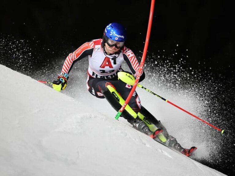 Laurence St-Germain of St-Ferréol-les-Neiges speeds down the course during a World Cup slalom in Flachau, Austria, on Jan. 13.