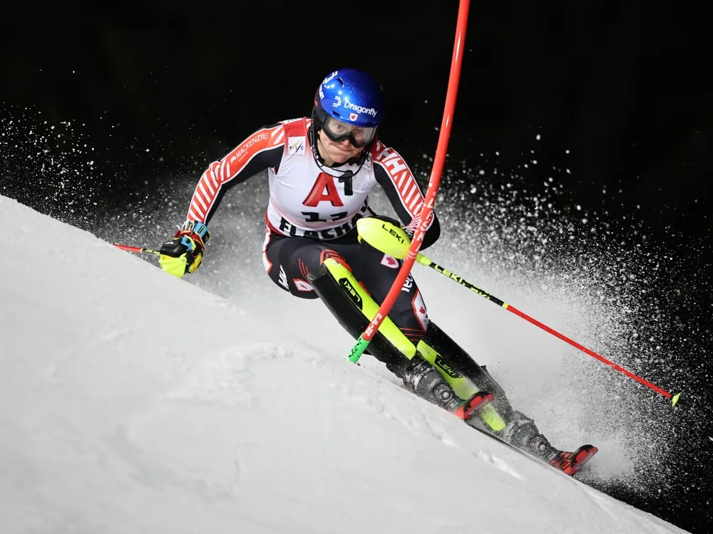 Laurence St-Germain of St-Ferréol-les-Neiges speeds down the course during a World Cup slalom in Flachau, Austria, on Jan. 13.