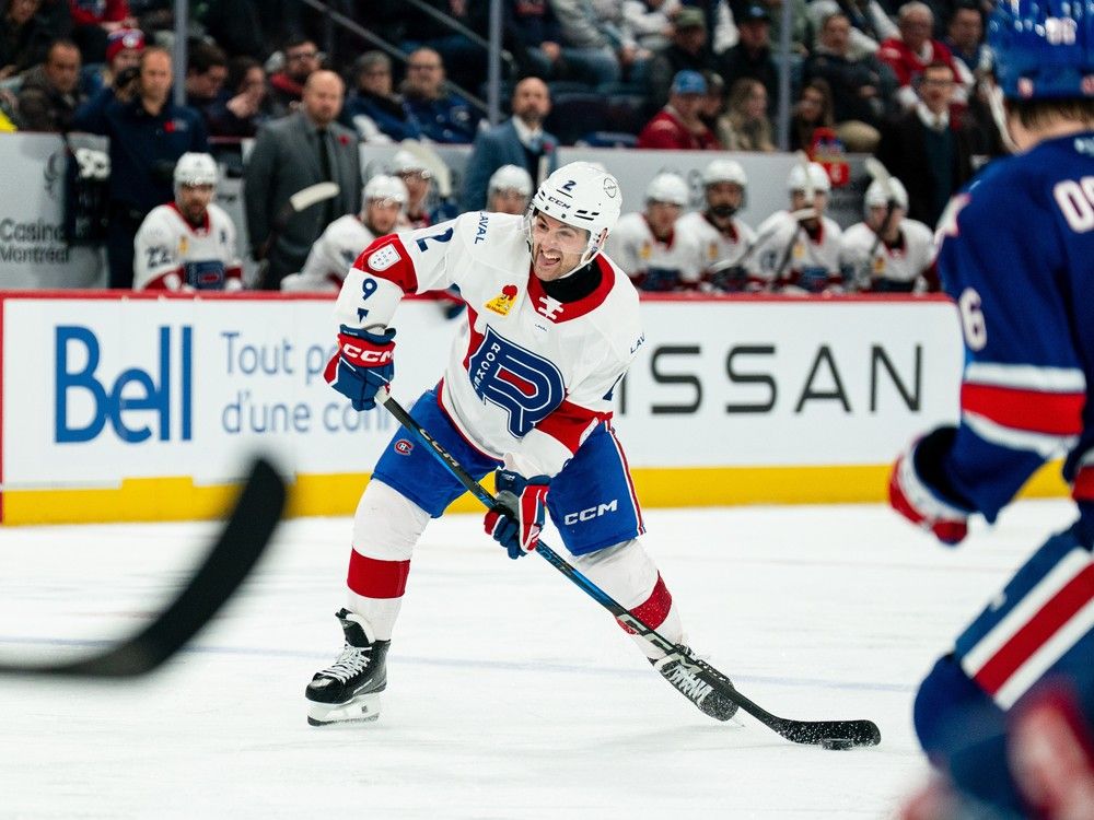 Rocket defenceman Marc Del Gaizo fires a shot during a game against the Syracuse Crunch at Place Bell in Laval on Nov. 19.