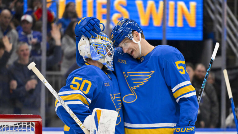 Jan 3, 2026; St. Louis, Missouri, USA; St. Louis Blues goaltender Jordan Binnington (50) celebrates with defenseman Colton Parayko (55) after recording a shutout in a victory over the Montreal Canadiens at Enterprise Center. Mandatory Credit: Jeff Curry-Imagn Images