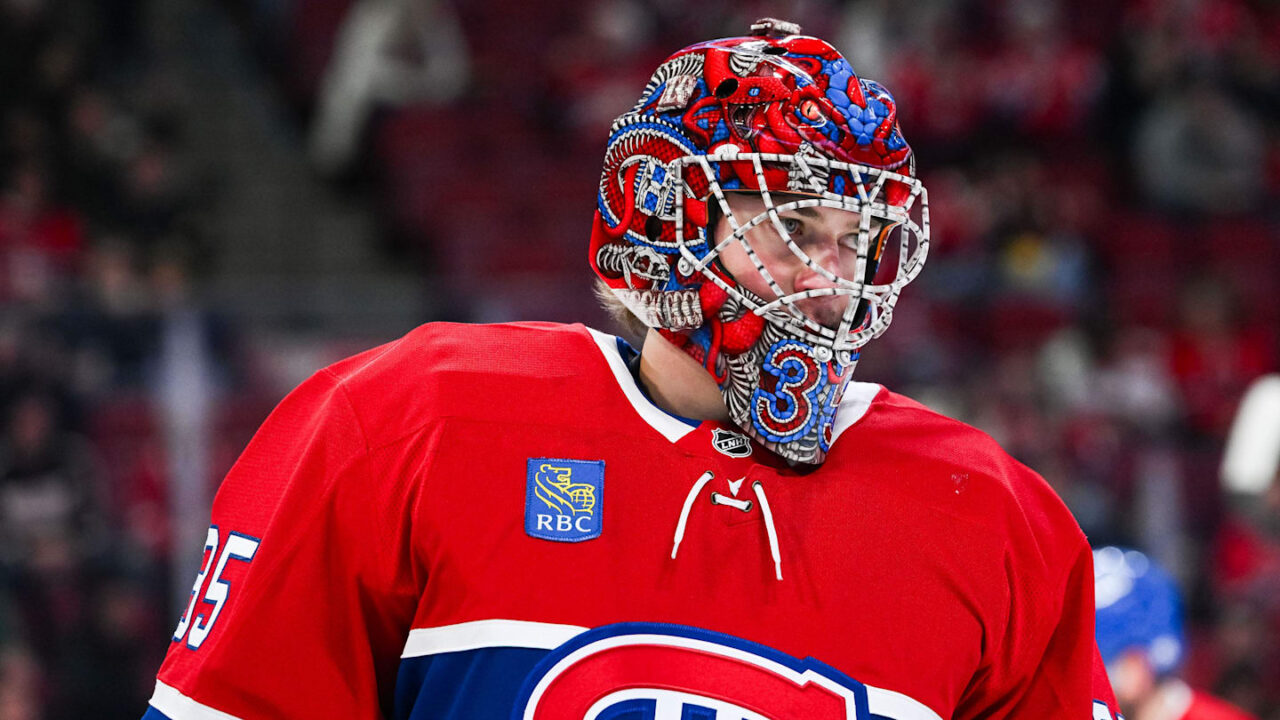 Feb 26, 2026; Montreal, Quebec, CAN; Montreal Canadiens goalie Samuel Montembeault (35) looks on during warm-up before the game against the New York Islanders at Bell Centre. Mandatory Credit: David Kirouac-Imagn Images