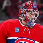Feb 26, 2026; Montreal, Quebec, CAN; Montreal Canadiens goalie Samuel Montembeault (35) looks on during warm-up before the game against the New York Islanders at Bell Centre. Mandatory Credit: David Kirouac-Imagn Images