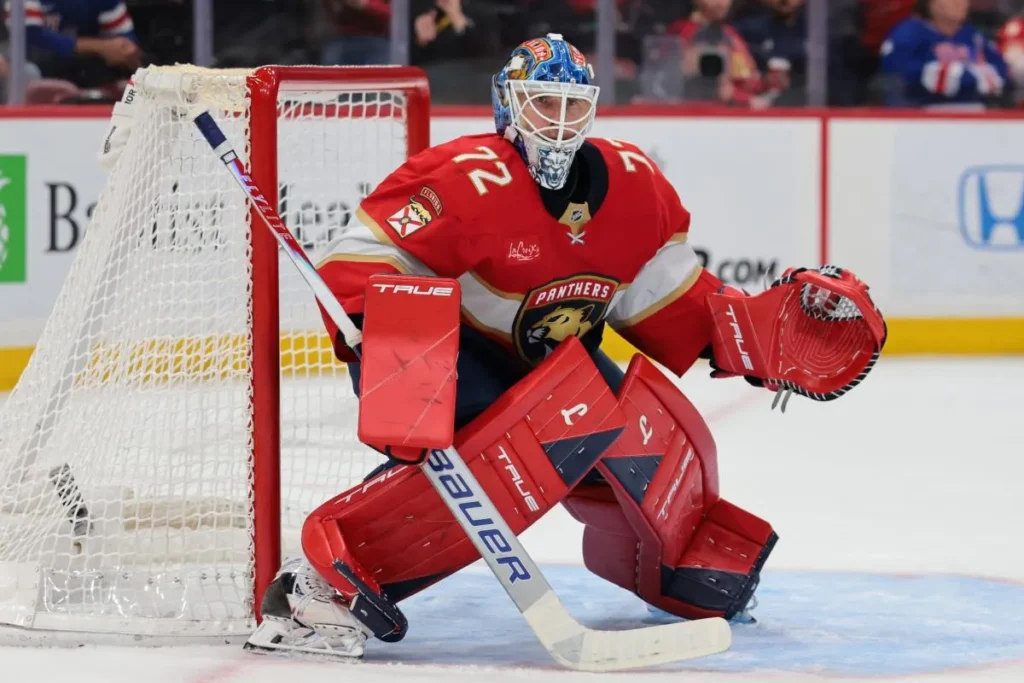 Florida Panthers goaltender Sergei Bobrovsky (72) defends his net against the Toronto Maple Leafs during the second period at Amerant Bank Arena.