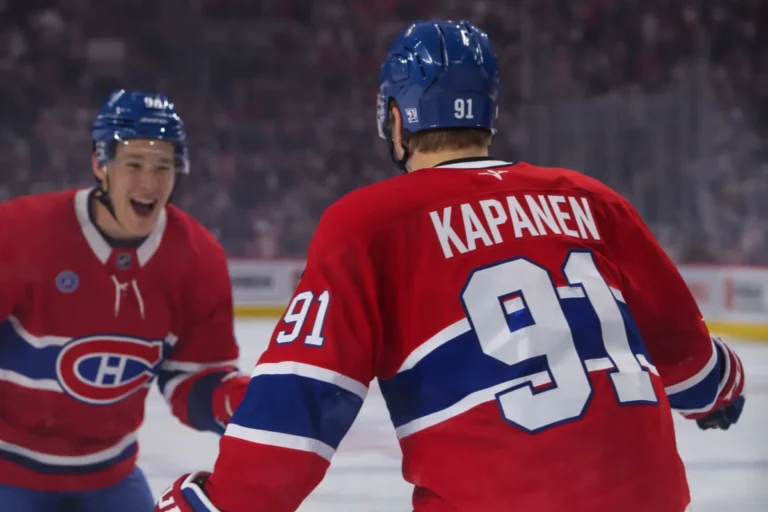 Photo of Oliver Kapanen and Ivan Demidov celebrating a goal vs the Toronto Maple Leafs.