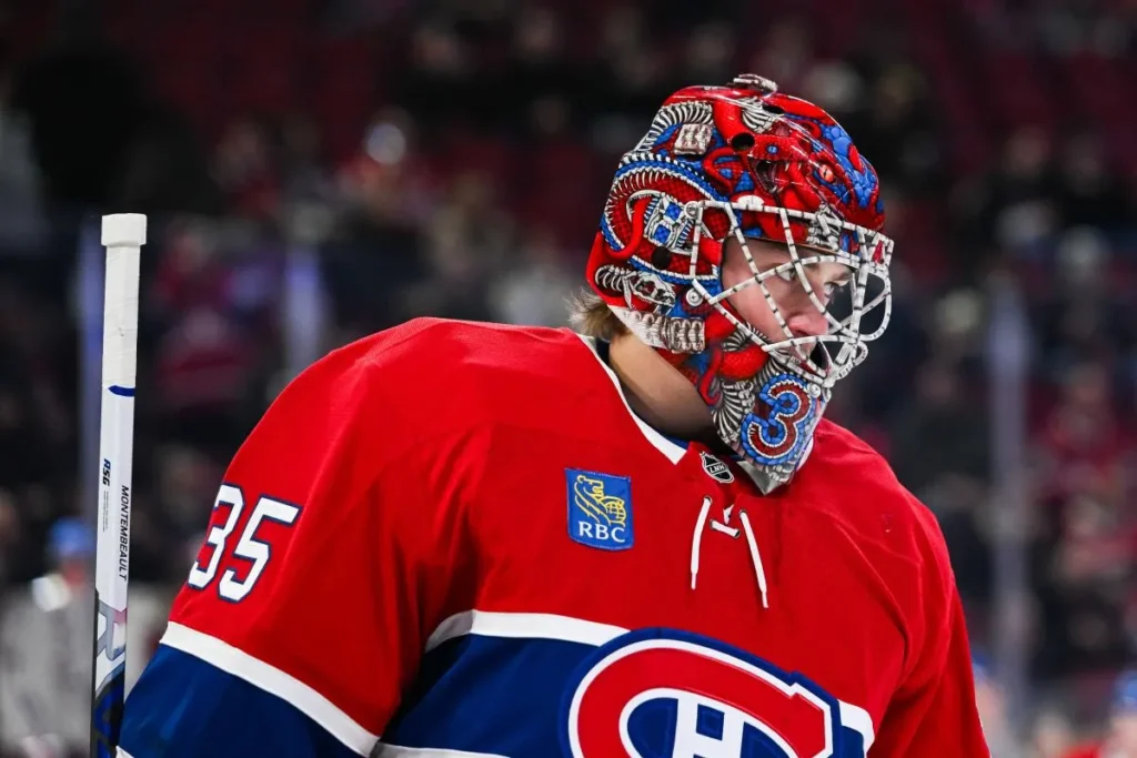 Montreal Canadiens goalie Samuel Montembeault (35) looks on during warm-up before the game against the New York Islanders at Bell Centre.