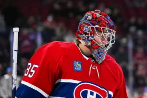 Montreal Canadiens goalie Samuel Montembeault (35) looks on during warm-up before the game against the New York Islanders at Bell Centre.