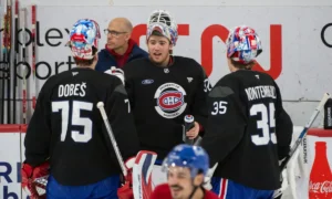 Photo of Jakub Dobes, Jacob Fowler and Samuel Montembeault.