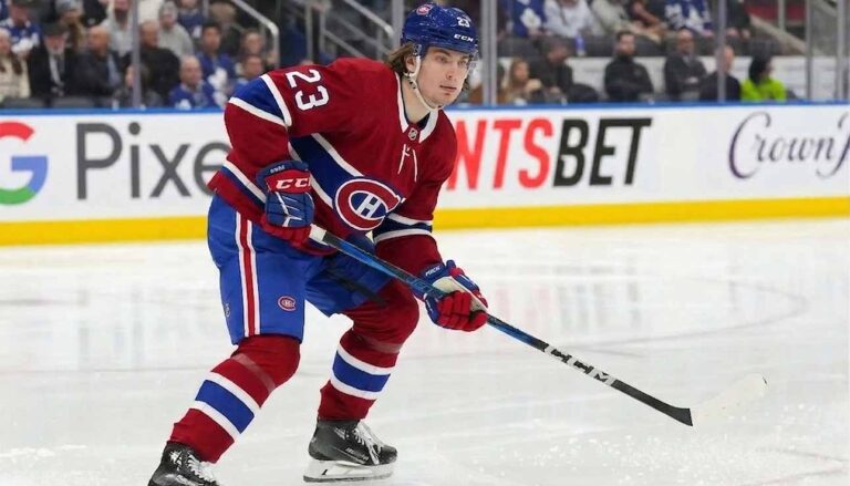 Matthew Knies of the Toronto Maple Leafs pictured in a hypothetical Montreal Canadiens home uniform amidst NHL trade rumors.