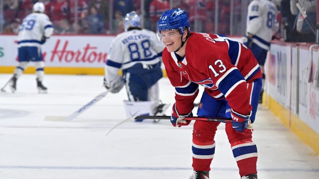 Apr 9, 2026; Montreal, Quebec, CAN; Montreal Canadiens forward Cole Caufield (13) skates during the warmup before the game against the Tampa Bay Lightning at the Bell Centre. Mandatory Credit: Eric Bolte-Imagn Images