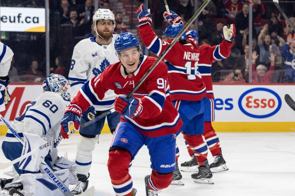 Canadiens forward Oliver Kapanen celebrates after scoring against the Toronto Maple Leafs during first period in Montreal on March 10, 2026.