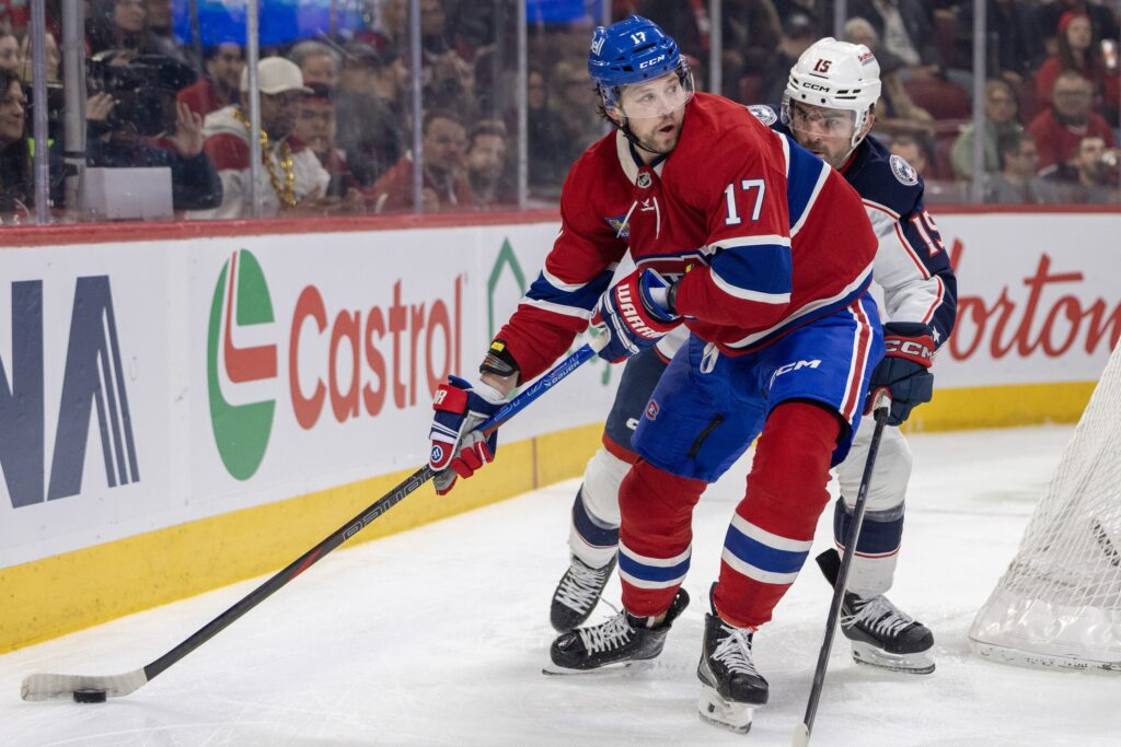 Canadiens winger Josh Anderson holds off Columbus Blue Jackets