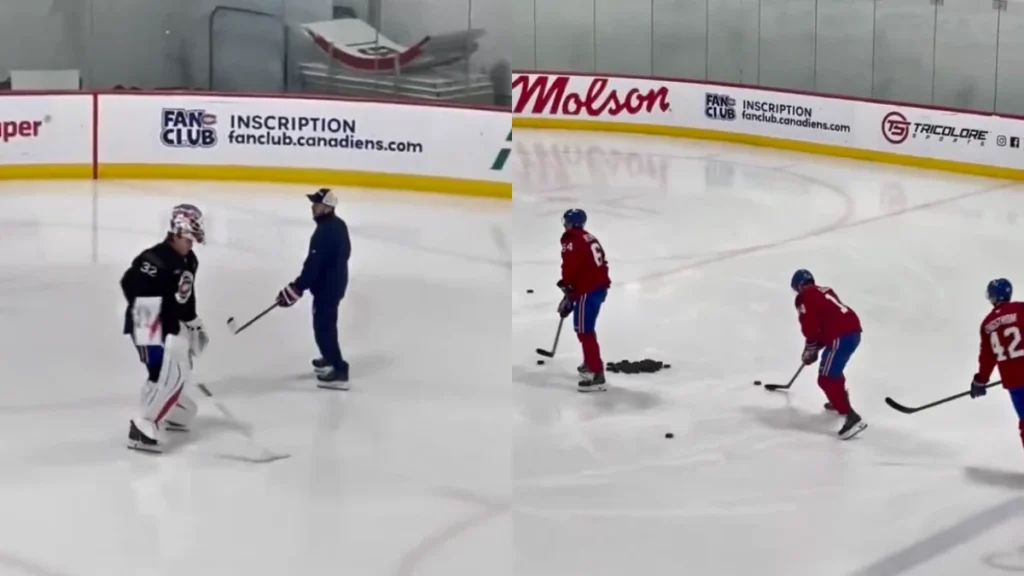 Photo of Jacob Fowler and Nick Suzuki at Canadiens practice in Brossard.