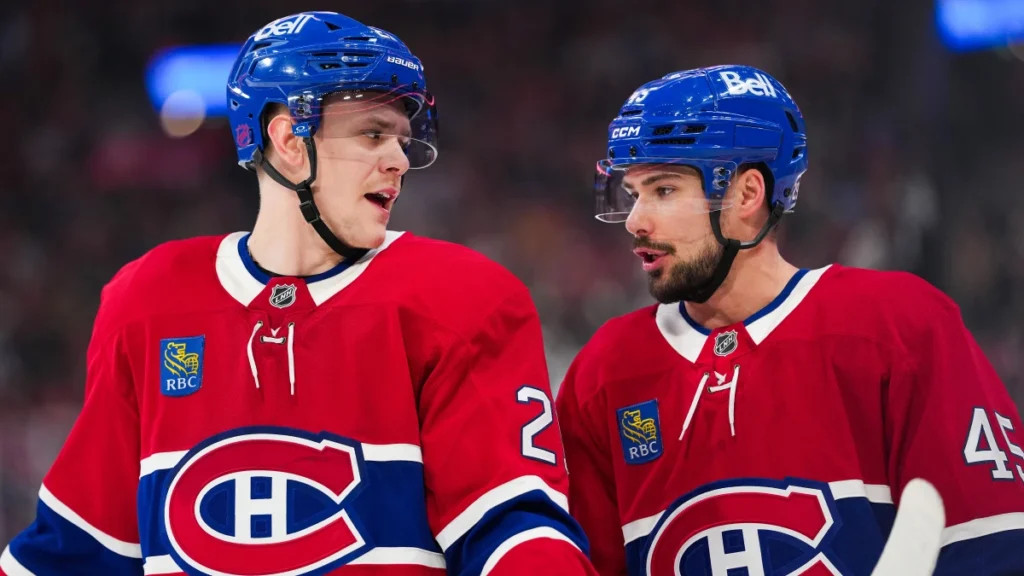 Montreal Canadiens defenseman Kaiden Guhle (21) and teammate defenseman Alexandre Carrier (45) prepares for a face off against the Minnesota Wild during the first period at the Bell Centre.