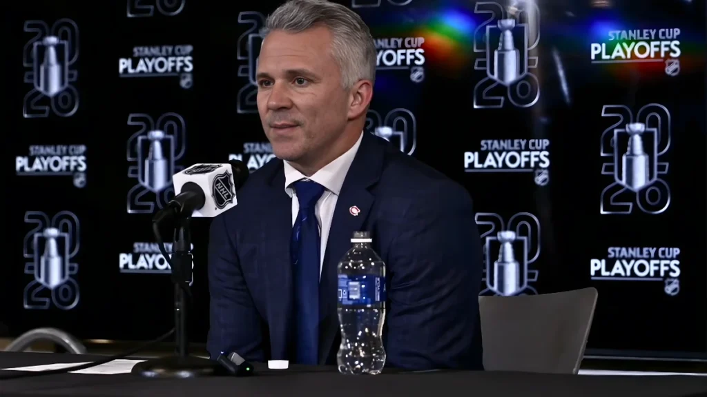 Photo of Montreal Canadiens head coach Martin St-Louis addressing media post game 1 win vs Tampa Bay.