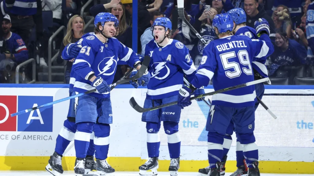 Tampa Bay Lightning defenseman Emil Lilleberg (78) and defenseman Charle-Edouard D