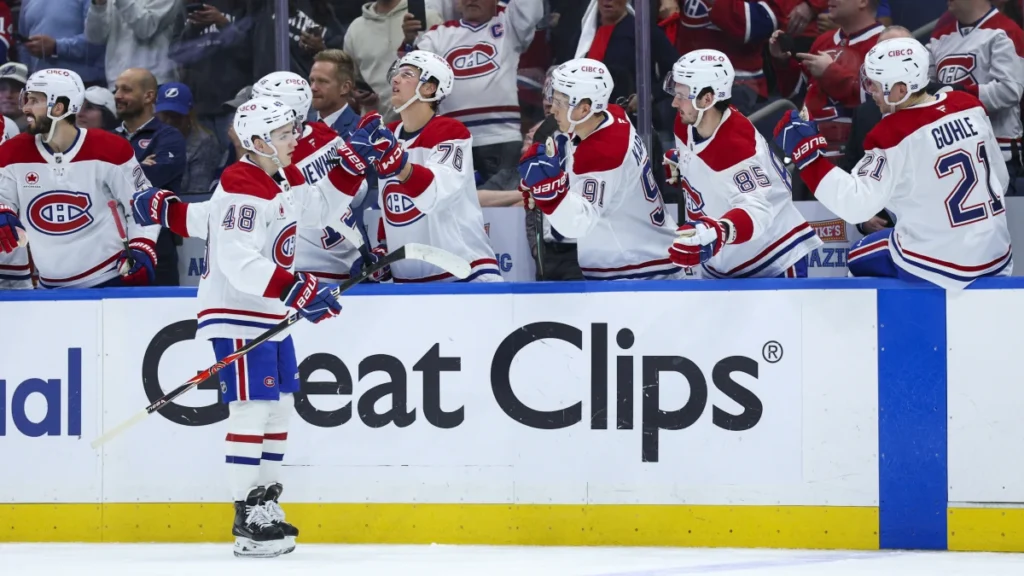 Montreal Canadiens defenseman Lane Hutson (48) reacts after scoring a goal against the Tampa Bay Lightning in the first period during game two of the first round of the 2026 Stanley Cup Playoffs at Benchmark International Arena.