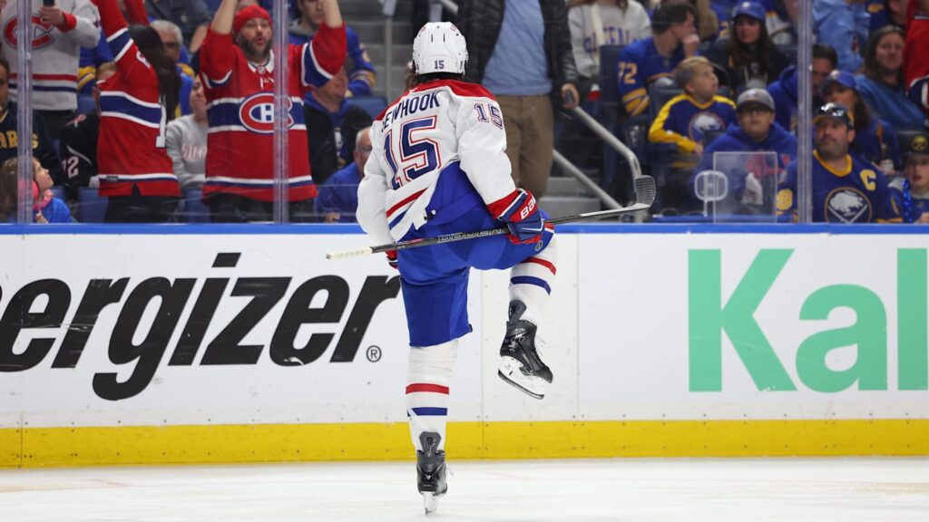 May 8, 2026; Buffalo, New York, USA; Montréal Canadiens center Alex Newhook (15) reacts after scoring a goal during the first period against the Buffalo Sabres in game two of the second round of the 2026 Stanley Cup Playoffs at KeyBank Center. Mandatory Credit: Timothy T. Ludwig-Imagn Images