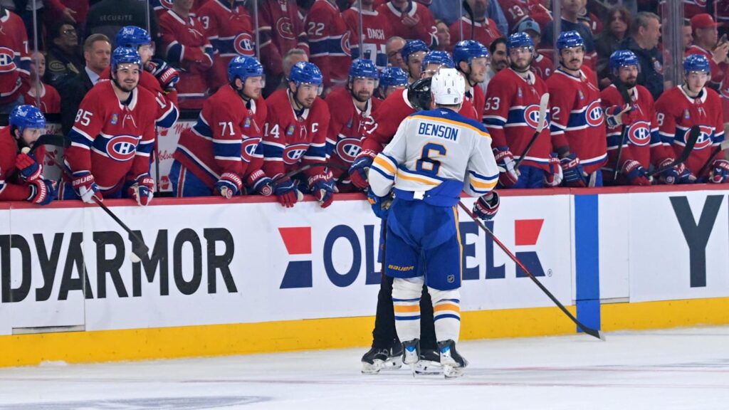 May 10, 2026; Montreal, Quebec, CAN; Buffalo Sabres forward Zach Benson (6) chirps at the Montreal Canadiens bench during the third period in game three of the second round of the 2026 Stanley Cup Playoffs at the Bell Centre. Mandatory Credit: Eric Bolte-Imagn Images