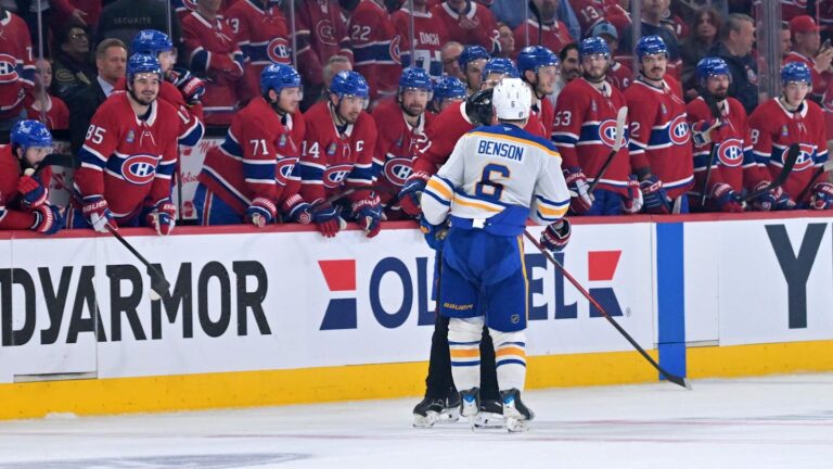 May 10, 2026; Montreal, Quebec, CAN; Buffalo Sabres forward Zach Benson (6) chirps at the Montreal Canadiens bench during the third period in game three of the second round of the 2026 Stanley Cup Playoffs at the Bell Centre. Mandatory Credit: Eric Bolte-Imagn Images