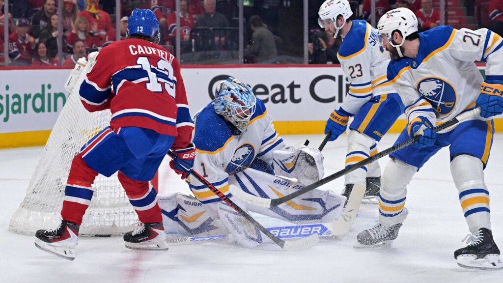 May 12, 2026; Montreal, Quebec, CAN; Montreal Canadiens forward Cole Caufield (13) scores a goal against Buffalo Sabres goalie Ukko-Pekka Luukkonen (1) during the first period in game four of the second round of the 2026 Stanley Cup Playoffs at Bell Centre. Mandatory Credit: Eric Bolte-Imagn Images
