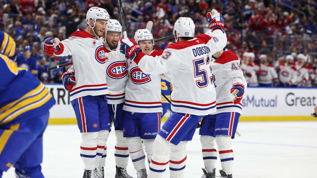 May 14, 2026; Buffalo, New York, USA; Montréal Canadiens right wing Cole Caufield (13) celebrates his goal with teammates during the first period against the Buffalo Sabres in game five of the second round of the 2026 Stanley Cup Playoffs at KeyBank Center. Mandatory Credit: Timothy T. Ludwig-Imagn Images
