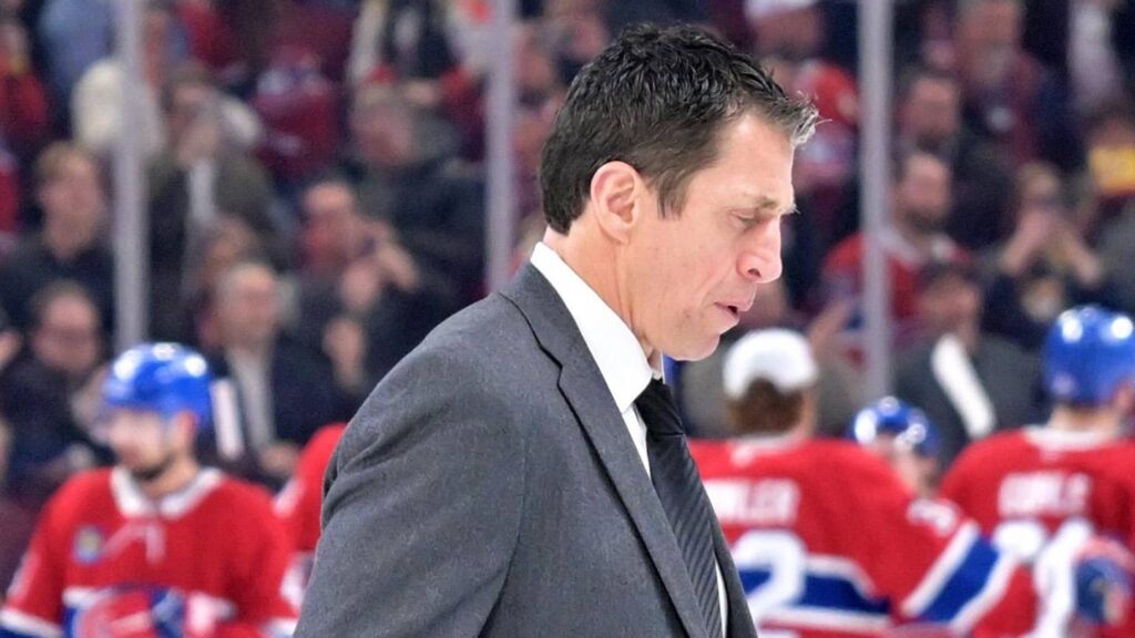 Mar 24, 2026; Montreal, Quebec, CAN; Carolina Hurricanes head coach Rod Brind'Amour leaves the ice as Montreal Canadiens celebrate a win at the Bell Centre. Mandatory Credit: Eric Bolte-Imagn Images