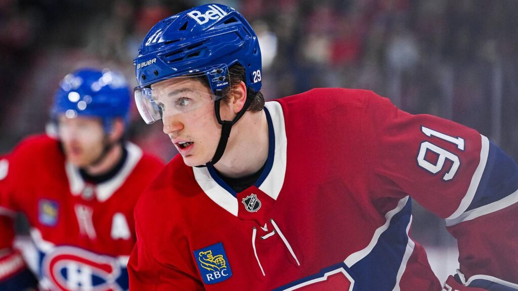 Apr 5, 2026; Montreal, Quebec, CAN; Montreal Canadiens center Oliver Kapanen (91) looks on against the New Jersey Devils during the third period at Bell Centre. Mandatory Credit: David Kirouac-Imagn Images