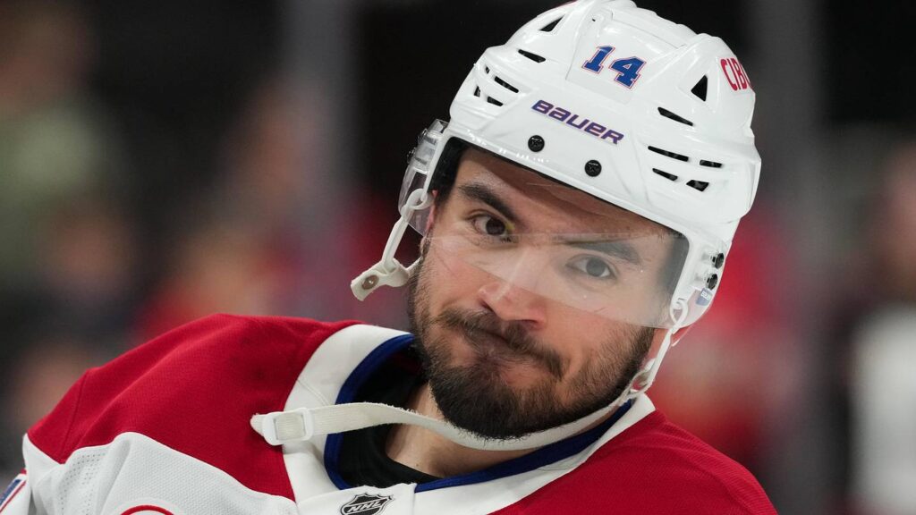 May 23, 2026; Raleigh, North Carolina, USA; Montréal Canadiens center Nick Suzuki (14) looks on before the game against the Carolina Hurricanes in game two of the Eastern Conferene Final of the 2026 Stanley Cup Playoffs at Lenovo Center. Mandatory Credit: James Guillory-Imagn Images